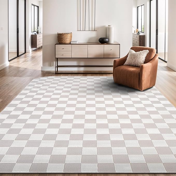 Beverly Rug Modern Geometric Area Rug 6x9 Low-High Pile Durable Soft Abstract Checkered Indoor Rugs for Living Dining Room Office Stain Resistant Non Shedding Casual Indoor Carpet Beige White 6 x 9