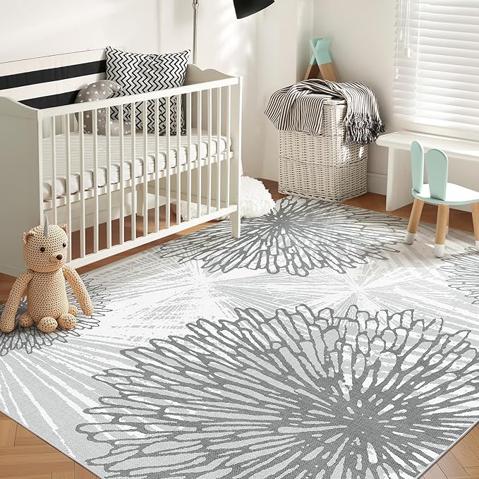 WITSHOCK 6x9 Washable Rug for Living Room,Modern Floral Distress Print Pattern Area Rugs,Stain Resistant with Non Slip Backing Carpet for Dining Room,Bedroom & Home Decor,Grey White