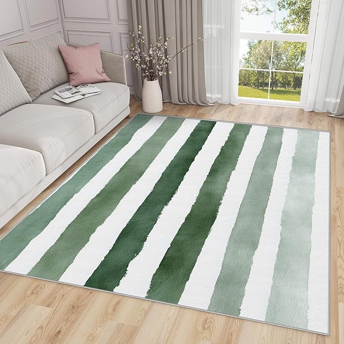 Striped Rugs for Bedroom - 4x5ft - Green and White Stripe Minimalist Watercolor Rugs for Living Room Non Slip Low Pile Machine Washable Area Rug, Striped Carpets Home Decor & Gifts