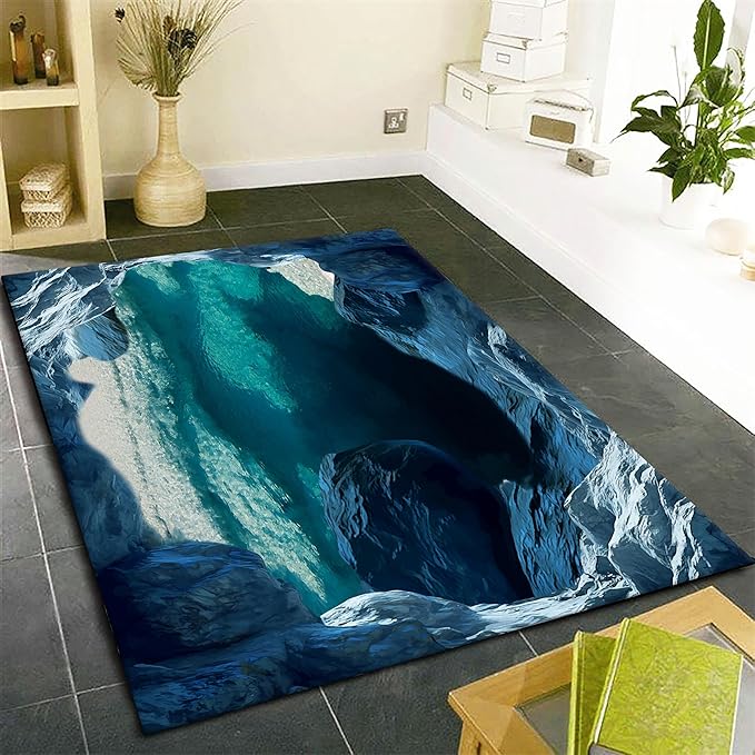 Blue Cave 3D Rugs for Bedroom, 5x6ft, Illusion Natural Landscape Blue Water Pool Entryway Rug, Rubber Backed Non Skid Low Pile Carpet，Foldable Soft No Crease Mats for Sofa Indoor