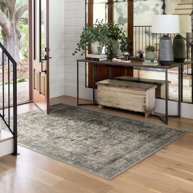 4x6 Machine Washable Area Rug for Living Room, Grey Rusty Boho Vintage Floral Rug Large Non-Slip Low Pile Soft Faux Wool Carpet, Kids and Pets Friendly for Bedroom Dining Room Farmhouse Decor Rug