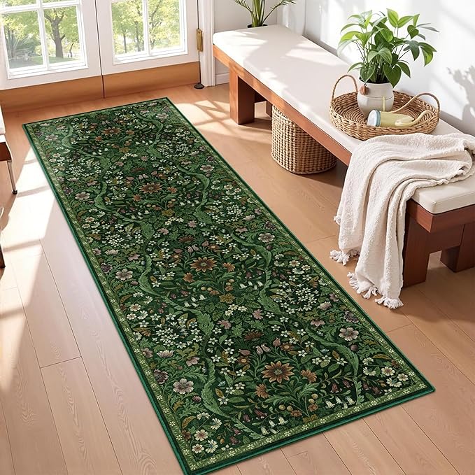 2x6 Washable Runner Rug,Dark Green Floral Boho Area Rug for Hallway,Low-Pile Non-Slip Stain Resistant Carpet for Kitchen, Bedside,Laundry Room,Entryway