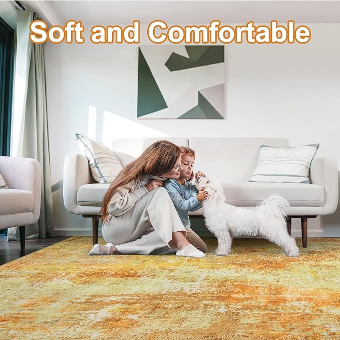 Washable Area Rug 5x7 - Neutral Modern Abstract Rugs, Soft Non Slip Thin Carpet with for Bedroom, Under Dining Room Table, Home, Office, Dorm, Office Rolling Chair - Yellow Brick