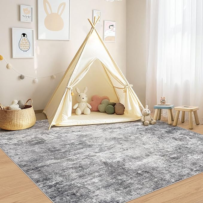 Square Area Rugs : Washable 6x6 Neutral Modern Abstract Carpet for Living Room Bedroom - Soft Floor Mat with Non Slip Backing for Kitchen Nursery Dorms Farmhouse Home Decor - Grey