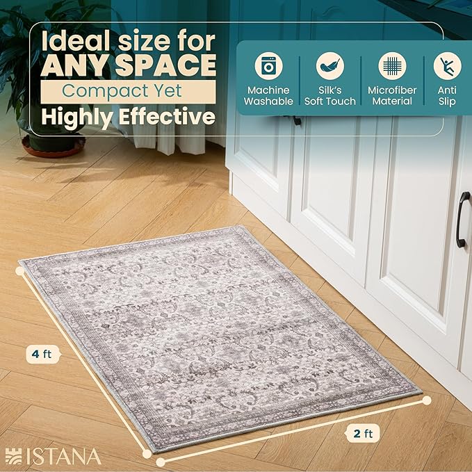 Istana Area Rug 2x4 - Pale Rose Beige 2x4 Washable Rug Non Slip - Pet Friendly Living Room Rug - Non Shedding Washable Rugs for Bedroom - Foldable Bathroom Rugs