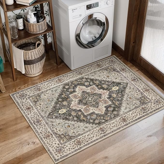 Tangsoo 2x3 Washable Rugs for Entryway, Vintage Non Slip Small Area Rug, Indoor Front Door Rug, Door Mat Small Carpet, Soft Low Pile Entry Rug for Entrance Kitchen Bedroom Print Distressed Grey/Multi