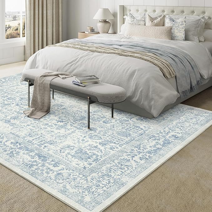 Blue Area Rug 10x12 Machine Washable Large Vintage Living Room Distressed Non Slip Carpet Traditional Indoor Bedroom Grey Retro Floral Accent Throw Rug for Office Kitchen Dining Room