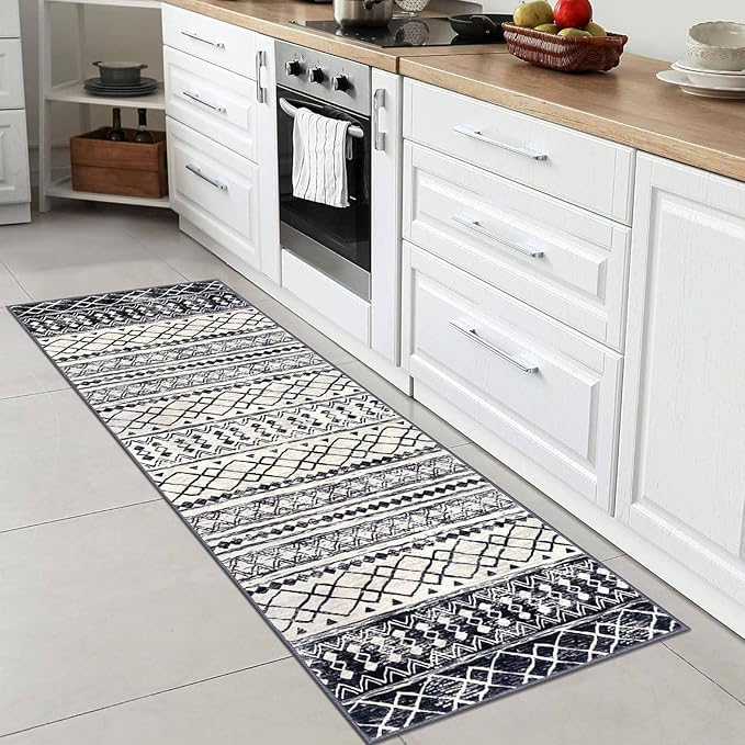 KUTA 2x6 Non-Slip Washable Runners for Hallways,Black Navy Blue Moroccan Boho Distressed Geometric Vintage Kitchen Runner, Ultra Soft Floor Mat for Entryway, Bathroom, Laundry, Living Room, Bedroom