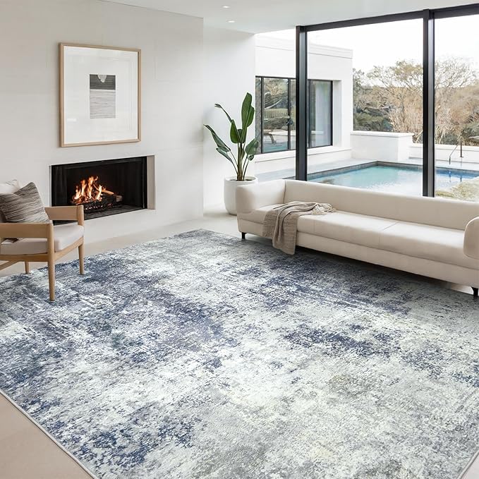 Washable Area Rug for Living Room 6x9 - Neutral Modern Abstract Rugs, Soft Non Slip Thin Carpet with for Bedroom, Under Dining Room Table, Home, Office, Dorm - Indigo Gray