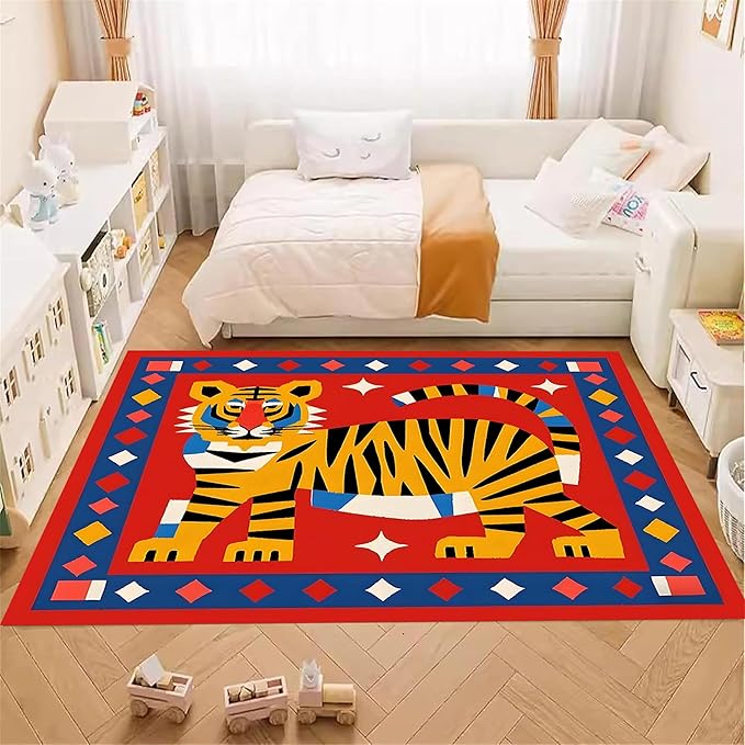 Jungle Animal Area Rug,3x5ft,Unique Design Tiger Print Rug With Geometric Pattern，Bohemian Style Animal Tiger Print Pattern Colorful Rug,Washable Non-Slip Rug for Living Room Classroom Nursery Decor