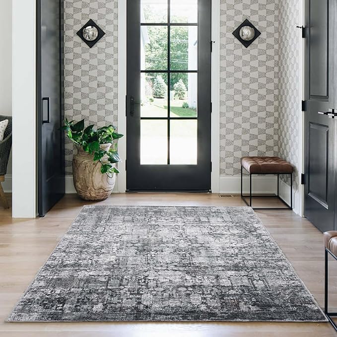 Area Rug 6×9, Large Vintage Boho Rug,Ultra-Soft Low Pile, Washable, Non Slip,Stain Resistant, Printed Carpet for Living Room Bedrooms Playroom Office Kitchen, Dark Stone