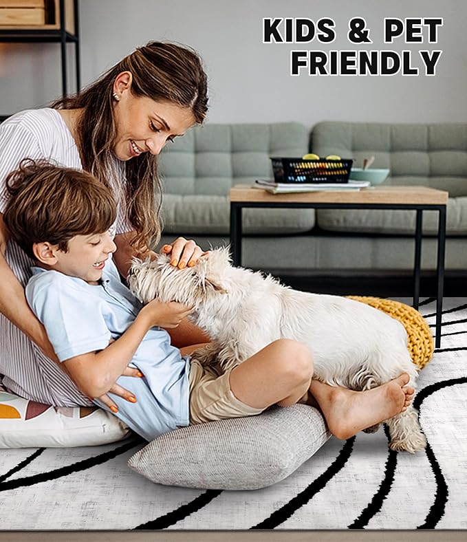 YIHOUSE Modern Area Rugs for Living Room, 9x12 Washable Black and White Rug, Thin Abstract Geometric Striped Rug, Area Rug for Bedroom,Kitchen,Dining Room,Office