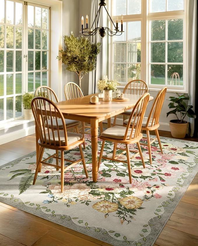 Floral Rugs for Living Room - 9x12 Soft Washable Area Rug Stain Resistant Ultra-Thin Non-Slip Low Pile Farmhouse Vintage Large Carpet for Bedroom Dining Room Nursery Home Office Decor, Grey