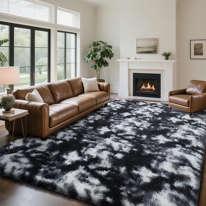 Fluffy Rug Shaggy Area Rug, Mottling Black 8x10 Area Rugs for Living Room, Large Shag Area Rugs for Bedroom Kids Room Home Decor, Upgrade Anti-Skid Rectangular Fuzzy Rugs