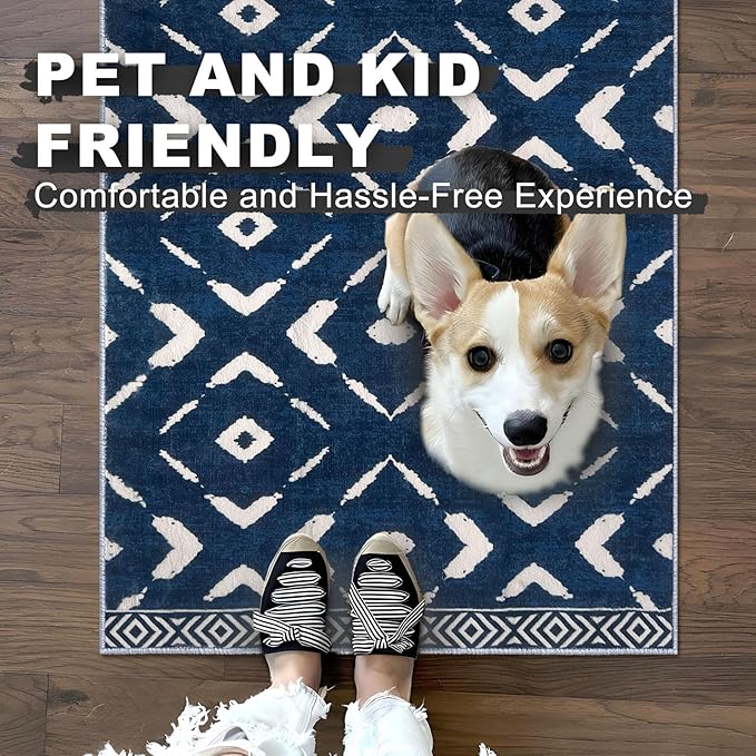 KILOCOCO Area Rug 3'x5' Rug for Entryway Washable Printed Bedroom Rugs Non Slip Boho Low-Pile Soft Rugs for Kitchen Dining Geometric Moroccan Carpet, Blue