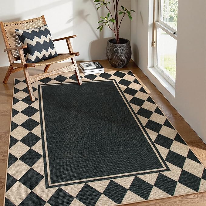 Moynesa Easy Jute Outdoor Rug 5x7 Area Rugs, Washable Checkered Rugs for Living Room Non Slip, Farmhouse Neutral Carpet for Backyard Dining Room Balcony, Black Grid Pattern