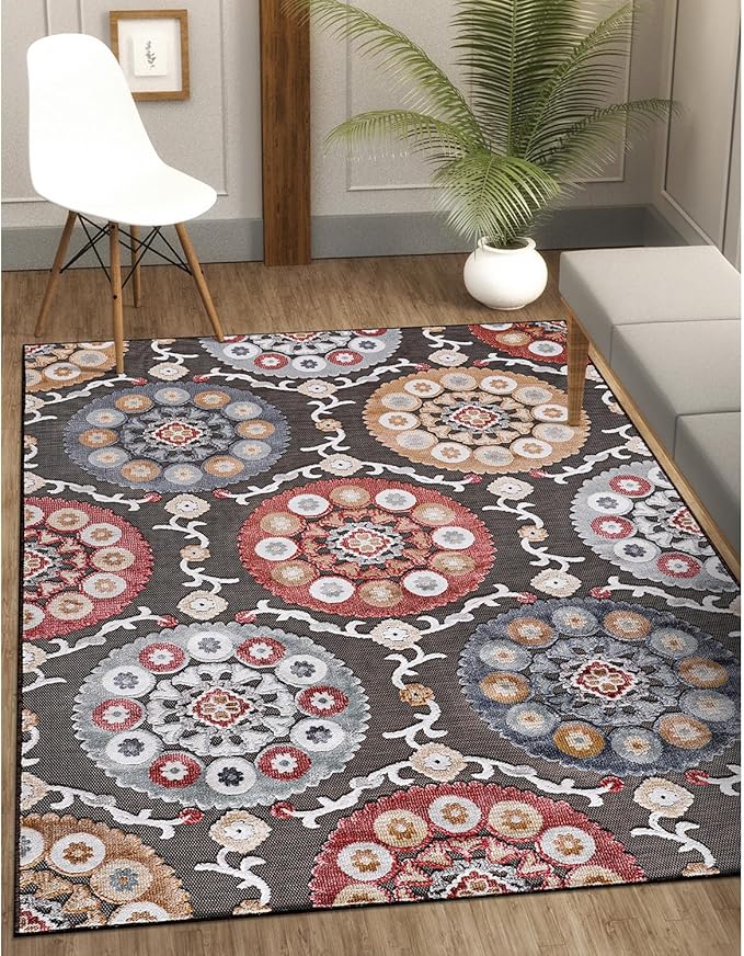 CAMILSON Indoor Outdoor Rug 6x9 Bohemian Medallion Floral Area Rugs for Indoor and Outdoor Patios Easy-Cleaning Non-Shedding Living Room Garden and Kitchen Washable Outside Carpet (6 x 9 / Brown)