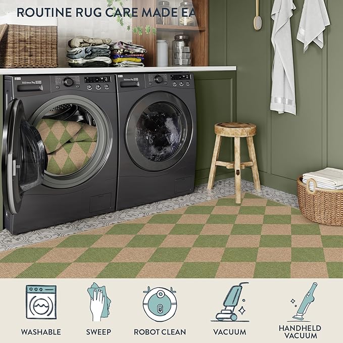 Lahome Green Checkered Easy Jute Rug, 3x5 Washable Outdoor Rug Neutral Rug for Entryway, Checkerboard Non Slip Non Shedding Floor Carpet for Living Room Front Door Porch