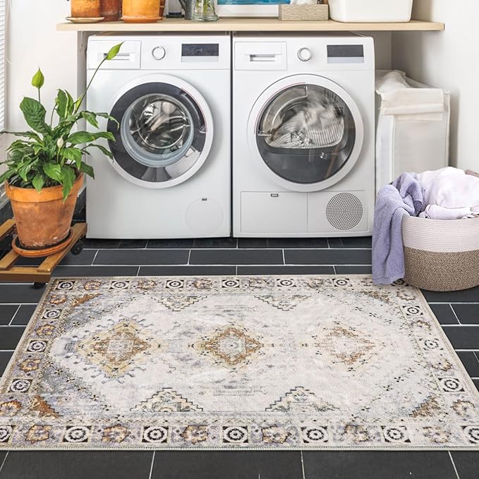 COMSLE Area Rug 3x5 Faux Wool Rugs for Kitchen, Boho Washable Throw Rugs Non-Slip Distressed Carpet Soft Accent Floor Rug for Bedroom, Living Room, Laundry Room (Khaki)