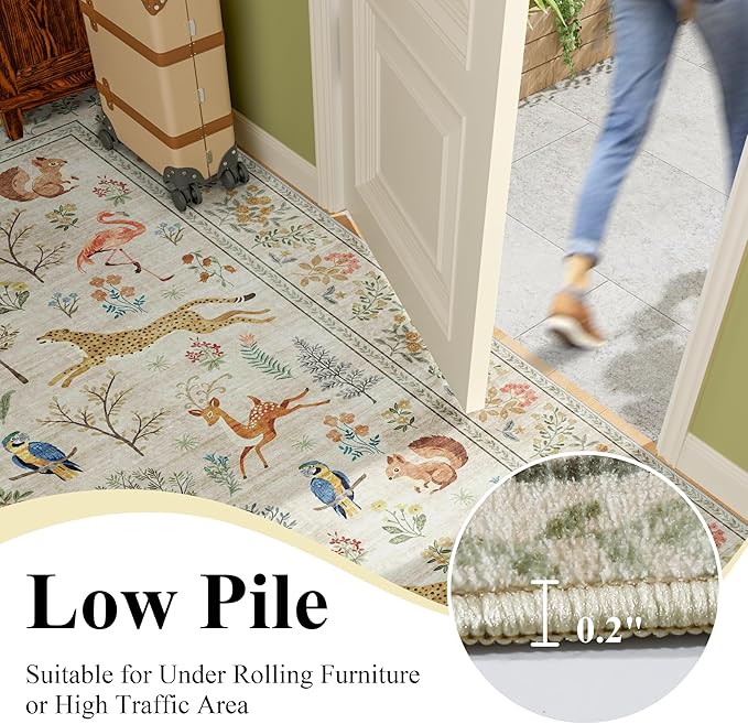 DUKINO 6x9 Rug, Washable Animal Living Room Rug with Non Slip Vintage Design, Soft Low Pile Large Carpet for Bedroom, Nursery, Dining Room, Farmhouse, Playroom, White