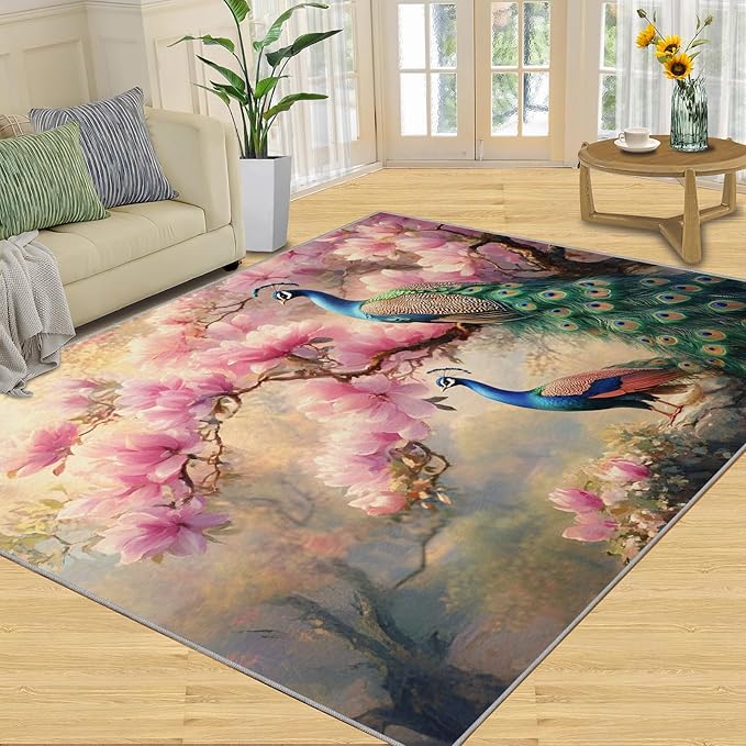 Peacock Magnolia Rug Large - 5x7 Rug, Pink Magnolia Washable Rugs for Living Room, Classic Carpet, Peafowl Non-Slip Area Rugs for Bedroom, Aesthetics Carpet - Peafowl Home Decor & Gifts