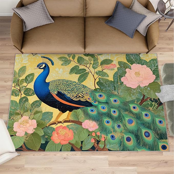Peacock Peony Rugs for Bedroom - 3x4 Rug, Peacock Decor Area Rugs for Living Room, Peony Flower Carpet, Floral Animal Washable Area Mat, Aesthetics Carpet - Peafowl Home Decor & Gifts
