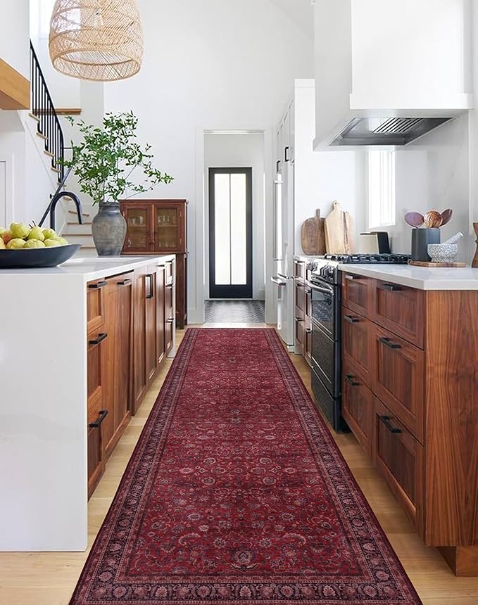 GLN Rugs Traditional Collection - Machine Washable Area Rug, Traditional Washable, Non Slip, Low Pile Chenille Rug, Living Room, Bedroom, Kitchen Rug (2'6" x 10' Dark Red)
