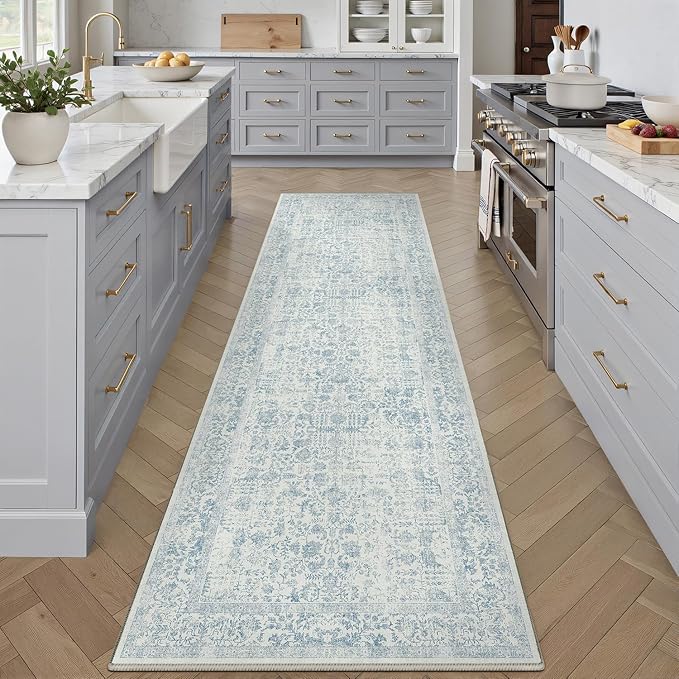 Blue Runner Rug 2x7 Hallway Machine Washable Kitchen Vintage Distressed Non Slip Long Carpet Indoor Retro Floral Bedroom Accent Throw Rug for Bathroom Office Laundry Dining Room