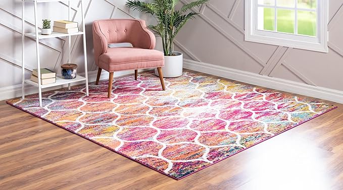 Rugs.com Lattice Frieze Collection Rug – 7' Square Multi Medium Rug Perfect for Living Rooms, Kitchens, Entryways