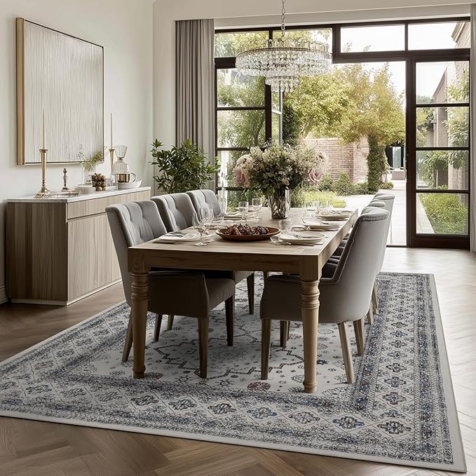 Washable 6x9 Area Rug for Living Room, Carpet for Bedroom Dining Room, Non Slip&Non-Shedding Resistant Low Pile Vintage Print Rug for Home Office (White Cream/Gray)