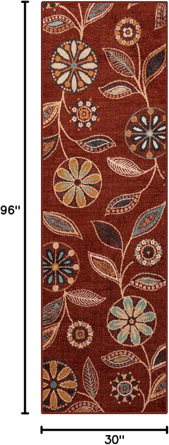 Maples Rugs Reggie Floral Runner Rug - Made in USA - Washable, Non Slip Indoor Carpet for Kitchen, Hallway, and Laundry Room, 2'6" x 8', Merlot
