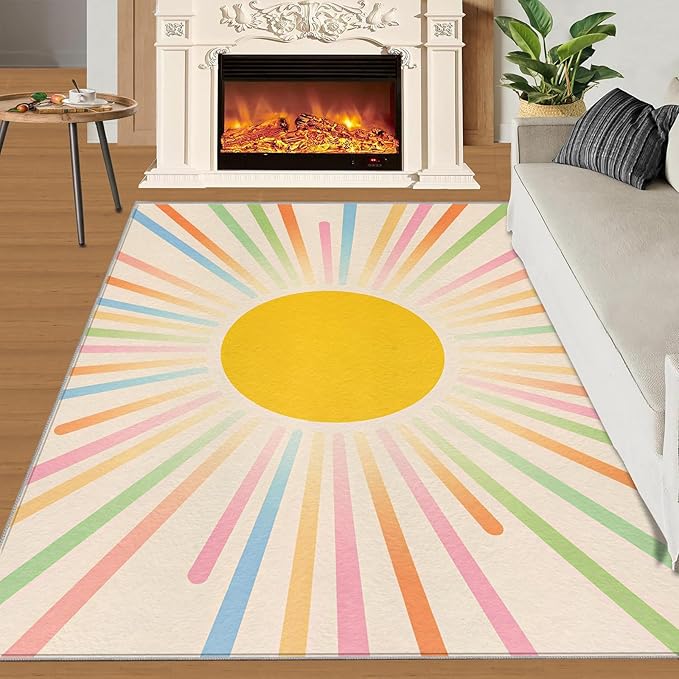 Boho Sun Area Rugs 5x8ft, Minimalist Sunburst Living Room Carpet, Abstraction Deco Decorative Carpet Protect Floor for Bedroom Men Office Hardwood Floors