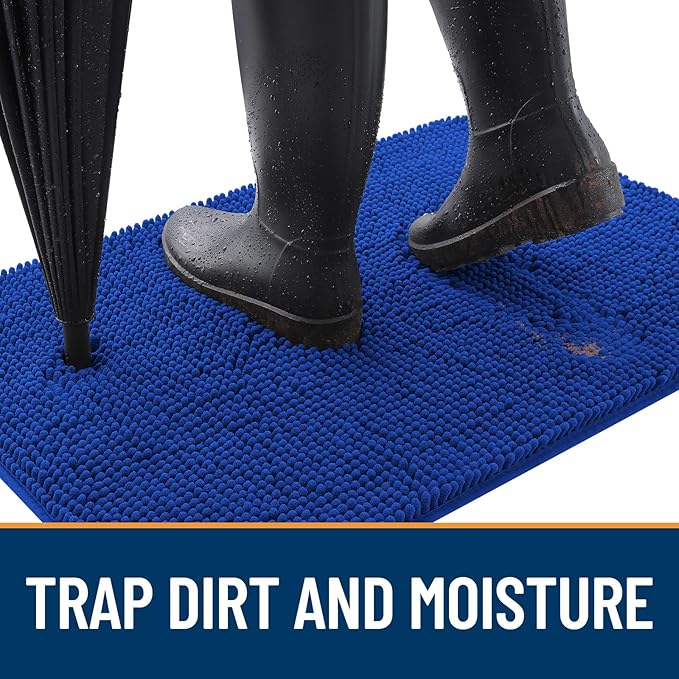 OLANLY Dog Door Mat for Muddy Paws 30x17, Absorbs Moisture and Dirt, Absorbent Non-Slip Washable Doormat, Quick Dry Chenille Mud Mat for Dogs, Entry Indoor Entryway Carpet for Inside Floor, Royal Blue