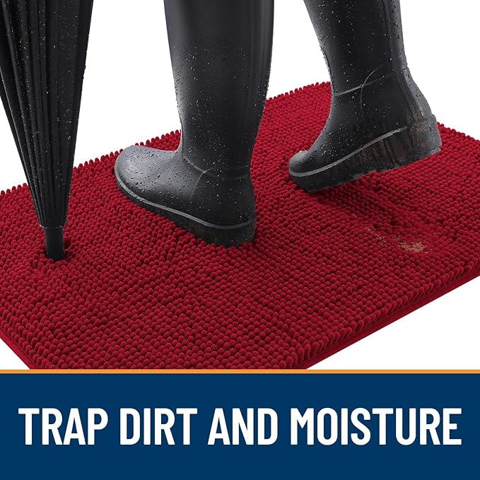 OLANLY Dog Door Mat for Muddy Paws 70x46, Absorbs Moisture and Dirt, Absorbent Non-Slip Washable Doormat, Quick Dry Chenille Mud Mat for Dogs, Entry Indoor Entryway Carpet for Inside Floor, Red