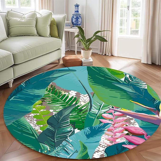 Tropical Leaves Round Rug 3ft - Machine Washable Non-Slip Circular Floor Mat, Short Pile Soft Rug for Living Room, Bedroom, Nursery in Green & Pink Botanical Design