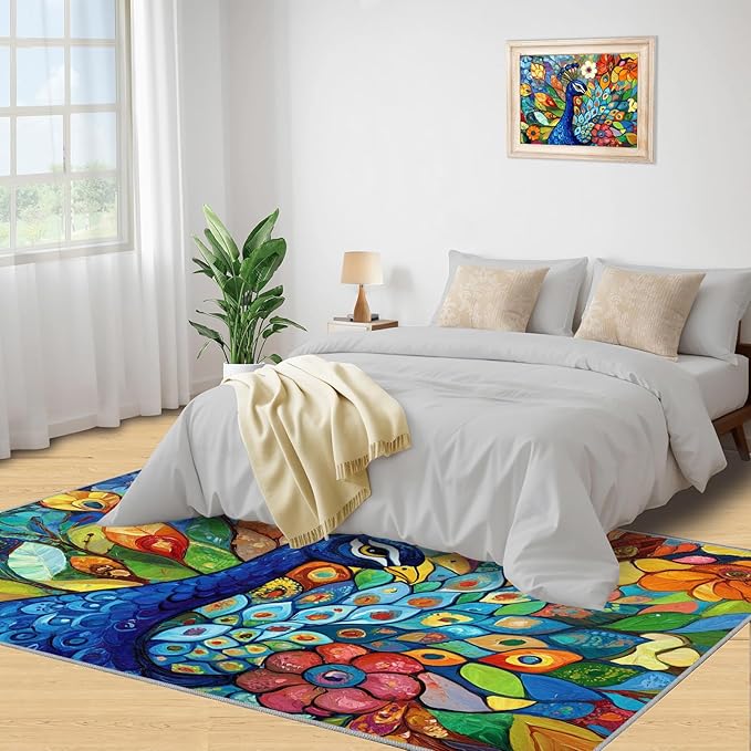 Boho Peacock Rug Large - 6x8 Rug, Colorful Peacock Washable Rugs for Living Room, Teal Turquoise Carpet, Modern Style Non-Slip Area Rugs for Bedroom, Aesthetics Carpet - Peafowl Home Decor & Gifts