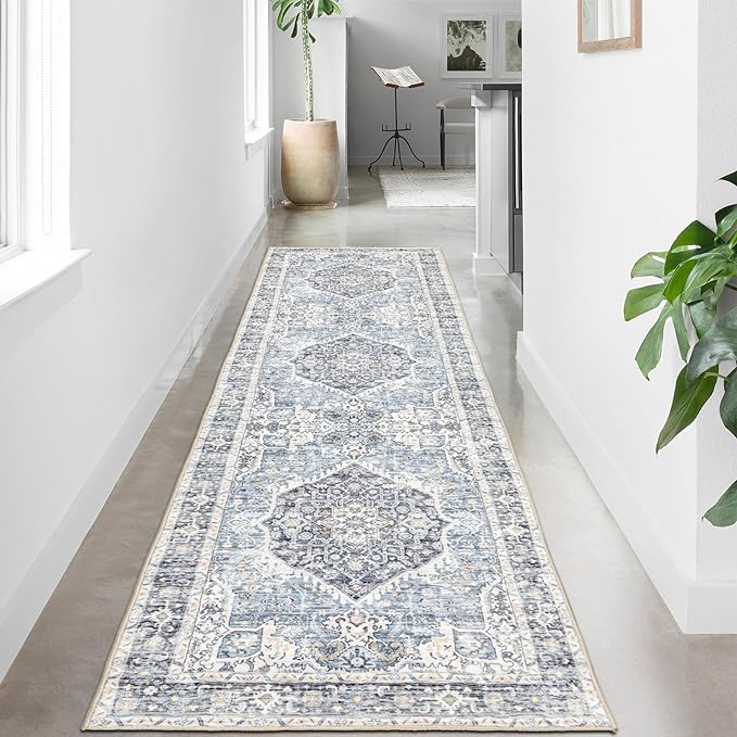 Runner Rug 2×6, Vintage Boho Rug,Ultra-Soft Low Pile, Washable, Non Slip,Stain Resistant Printed Carpet for Hallway Kitchen Living Room Bedrooms Playroom Office, Light Blue