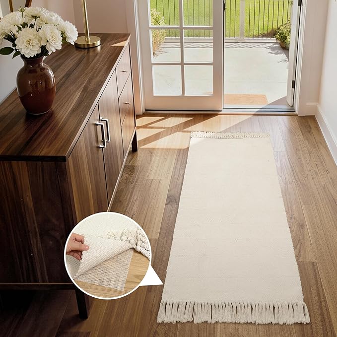 Collive Kitchen Runner Rug 2' x 4.3' ft, Washable Bathroom Rugs Non Slip Hand Woven Reversible Rug for Entryway, Modern Farmhouse Bedroom Carpet for Hallway Front Door Decor, White/Beige