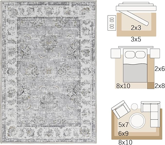 jinchan Fiora Vintage Floral 5x7 Area Rugs for Bedroom - Machine Washable Distressed Design Stain Resistant Boho Carpet Ultra-Thin Low Pile Non-Slip Rug for Living Room Dining Room (5'x7', Grey)