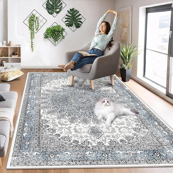 6’x9’ Area Rugs for Living Room Non Slip Washable Low Pile Area Rugs for Bedroom Vintage Carpets Blue