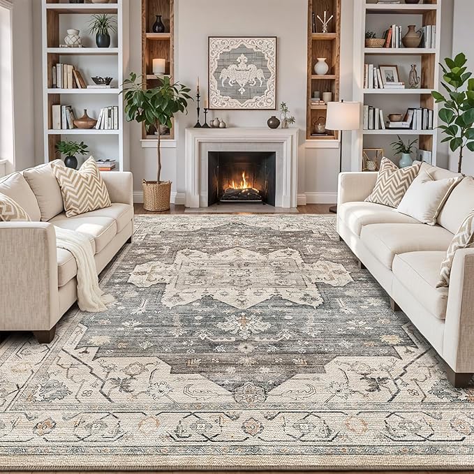 LUMI Washable 5x8 Area Rug for Living Room, Ultra Soft Vintage Rug with TPE Non Slip Backing, Stain Resistant, Low Profile Carpet High Traffic for Bedroom, Dining Room