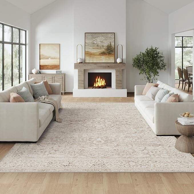 Fmfunctex 9x12 Washable Area Rug Beige Vintage Neutral Distressed Oriental Large Non Slip Carpet for Living Room Bedroom Soft Low Pile Indoor Mat Retro Throw Rug for Dining Room Kitchen Office Nursery