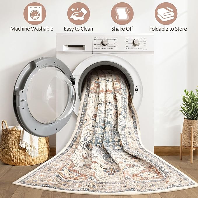 5x7 Area Rugs Living Room: Washable Boho Large Neutral Vintage Soft Rug Stain Resistant Distressed Farmhouse Non-Slip Indoor Floor Carpet for Bedroom Nursery Kids Office Dining Room- Beige Blue