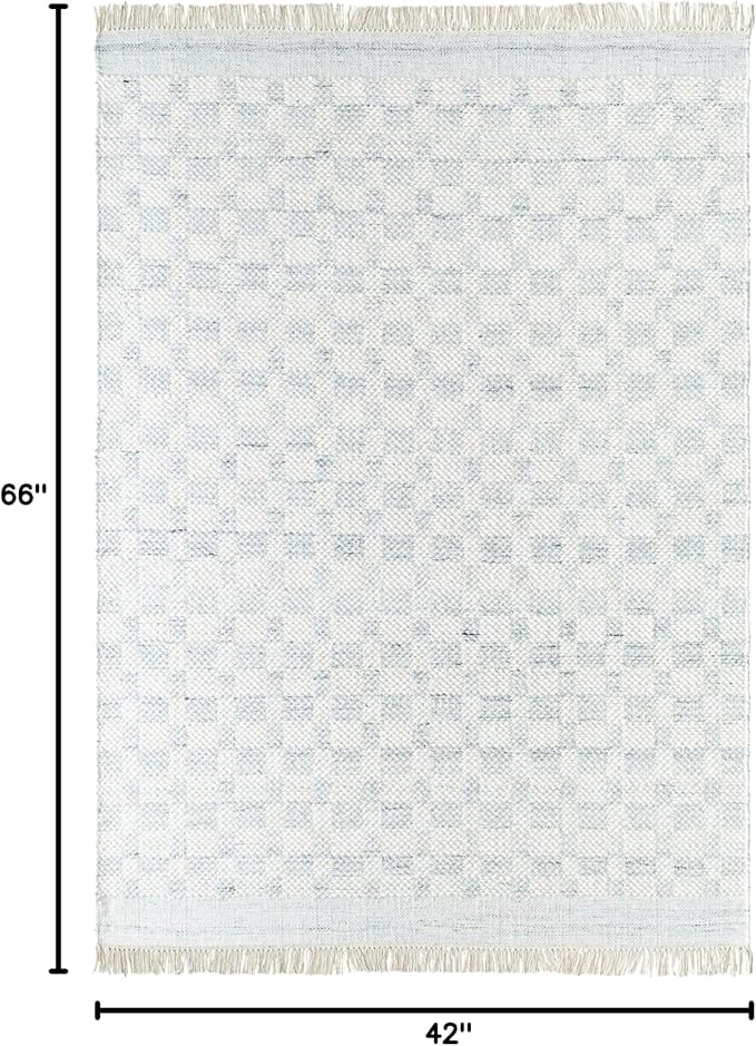 Mark&Day Wool Rugs, 4x6 Clinten Solid and Border Light Slate Checkered Rug, Cream Grey Carpet for Living Room, Bedroom or Kitchen (3'6" x 5'6")