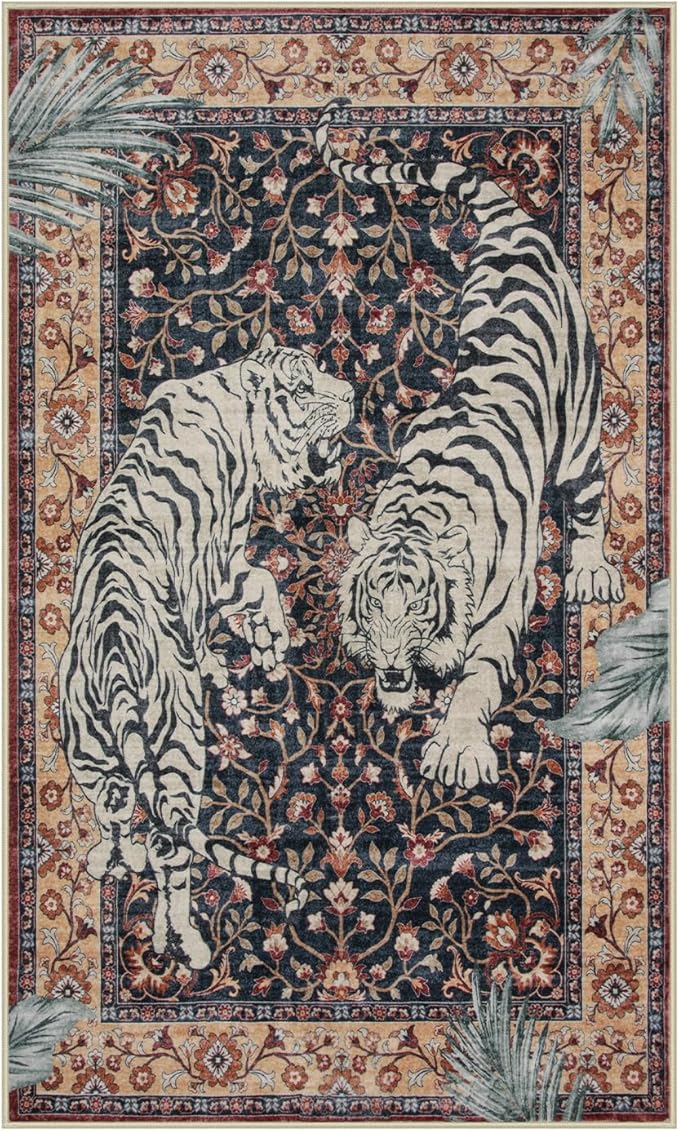 Moynesa Tiger Machine Washable Rug, 3 x 5 Entryway Area Rug Non Slip Vintage Soft Rug for Living Room, Ultra Thin Boho Stain Resistant Kitchen Throw Mat for Entrance Bedside, Puce Red