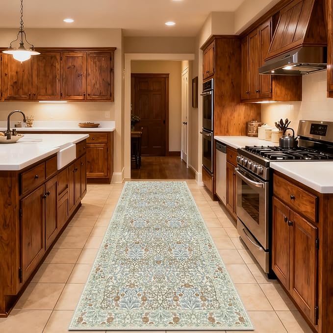 Washable 2'6" x 8' Runners for Hallways, Non Slip Long Floor Runner for Kitchen, Entryway Indoor, Stain Resistant Rubber Backing Floral Décor Rug (Beige Blue)