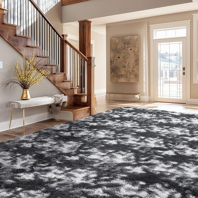 Andency Soft Area Rugs for Living Room Bedroom, 4x6 Fluffy Shaggy Bedside Rug, Non-Slip Large Shag Fuzzy Plush Carpets for Bedroom Kids Dorm Nursery Home Decor Aesthetic, Tie-Dyed White Black