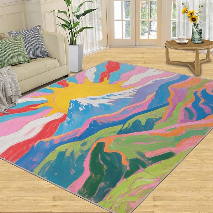 Boho Sun Runner Rugs 3x6ft, Watercolor Mountain Bedside Rug, Abstraction Deco Laundry Rug with Non Slip Backing for Bedroom Kitchen Sink Front Door Entryway Indoor