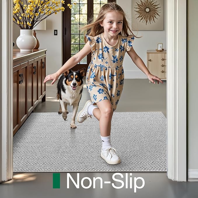 LUMI Ultra Thin Indoor Door Mat for Entrance 32"x48", Non Slip Entryway Mat, Low Profile Doormat, Unique Herringbone Design Carpet for Inside, Patio, Porch, Gray