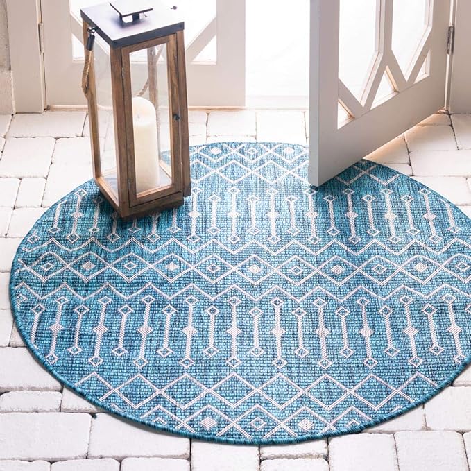 Unique Loom Outdoor Trellis Collection Area Rug - Tribal Trellis (4' 1" Round, Teal/ Ivory)